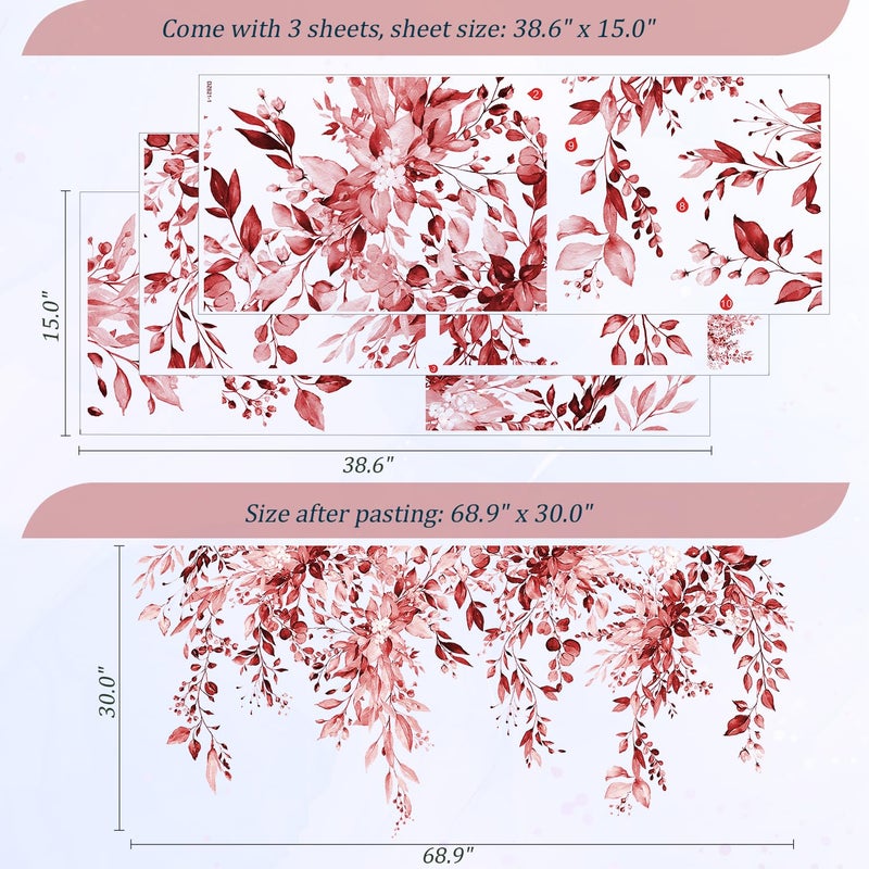 VePret Burgundy Red Plants Leaves Wall Decals Peel and Stick, Large Floral Flowers Vinyl Wall Stickers, Removable Vine Home Decor Art for Bedroom Living Room Classroom Office - Image 2