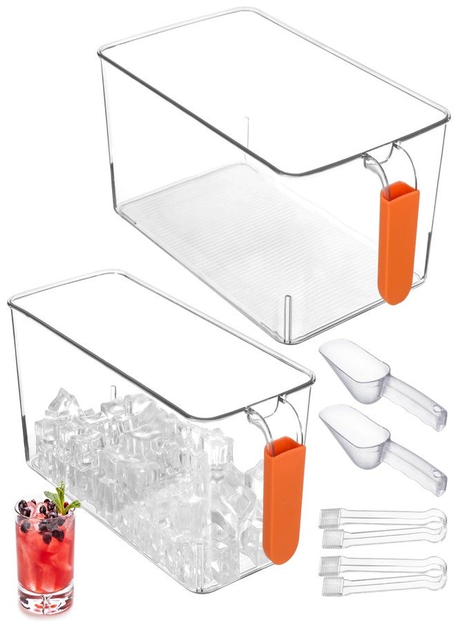 Homaisson 2 PCS Ice Bin with Scoop and Tong, Ice Bucket with Pull-out Handle for Freezer, 2 Sizes Clear Plastic Ice Container for DIY Drink Summer Party, 12.2 x 6.9 x 4.3 in, 12.2 x 4.9 x 4.3 in - Image 1