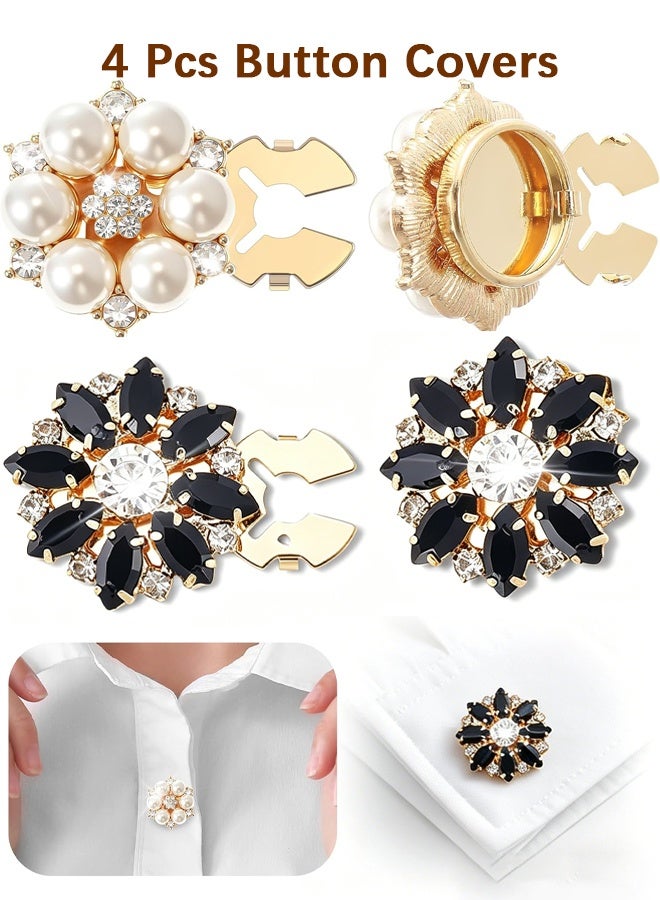 Wffo 4 Pcs Button Covers, Button Jewelry Covers for Women Blouses, Rhinestone Floral Buttons Snap On Detachable Cufflinks for Blouses Shirt Tuxedo Clothing Accessories - 2 Styles - Image 1