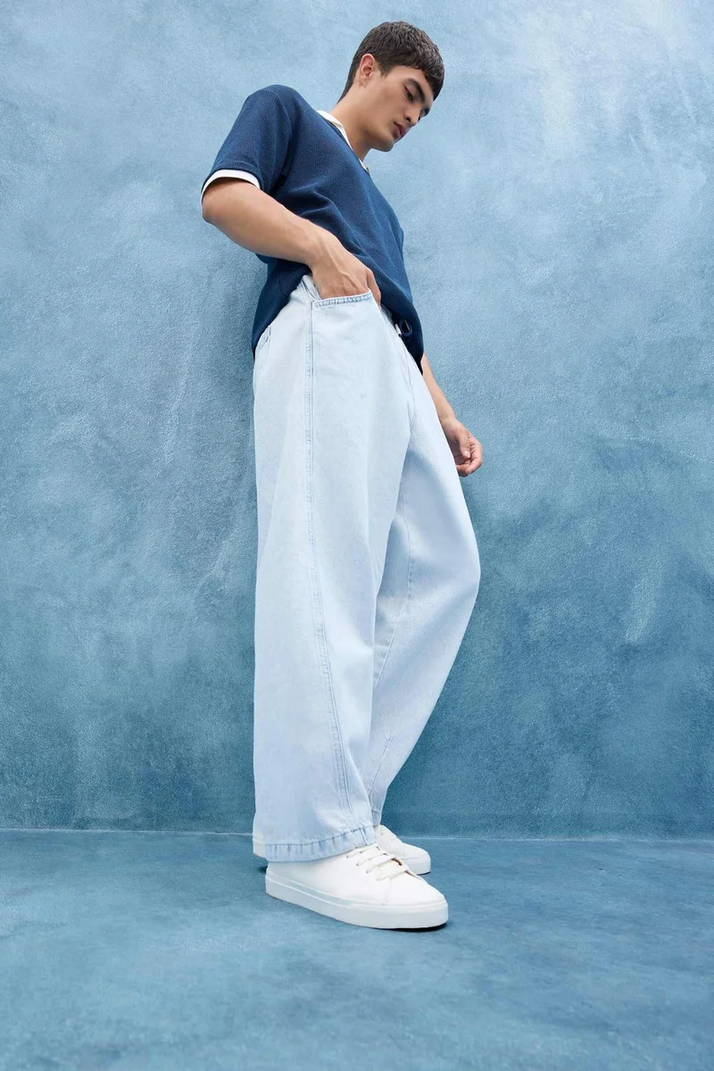 Defacto Cotton Barrel Fit Elastic Wide Leg Washed Jeans
