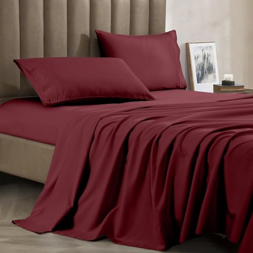 CELINE LINEN Premium 1800 Hotel Quality WrinkleResistant 4Piece Microfiber Sheet Set Luxury Ultra Soft and Breathable Bedding 16 Inch Deep Pocket 4PC Sheet Set Full Burgundy