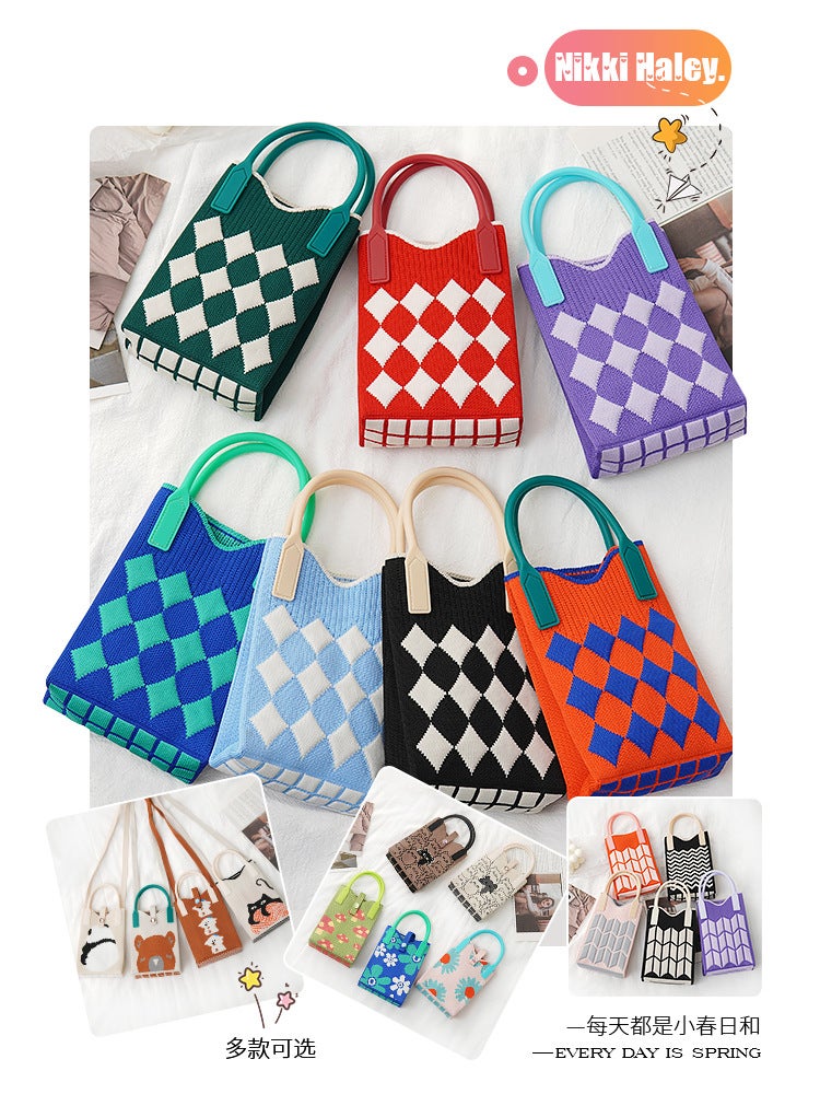Hand-Held Mobile Phone Bag To Improve Appearance, Knitted Forest Style Fashion Contrasting Color New Cartoon Filled Crossbody Bag For Women Korean Style Bag - Image 2