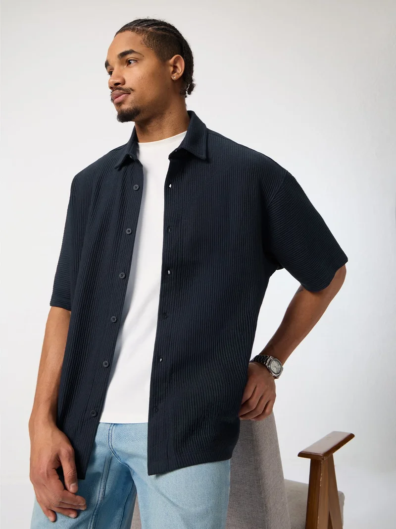 The Souled Store  The Souled Store: Blue Iris Men and Boys Short Sleeve Spread Collar Navy Blue Solid Cotton Blend Oversized Shirt  | Best Price UAE