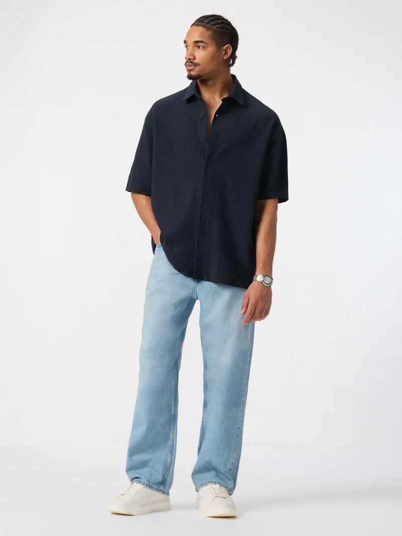 The Souled Store  The Souled Store: Blue Iris Men and Boys Short Sleeve Spread Collar Navy Blue Solid Cotton Blend Oversized Shirt  | Best Price UAE
