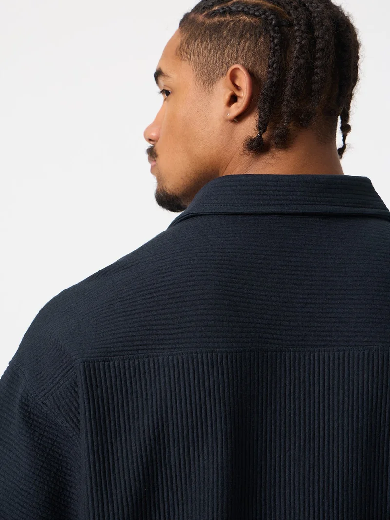 The Souled Store  The Souled Store: Blue Iris Men and Boys Short Sleeve Spread Collar Navy Blue Solid Cotton Blend Oversized Shirt  | Best Price UAE