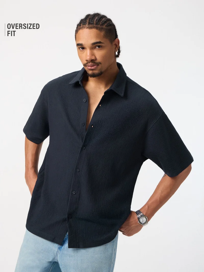 The Souled Store  The Souled Store: Blue Iris Men and Boys Short Sleeve Spread Collar Navy Blue Solid Cotton Blend Oversized Shirt  | Best Price UAE