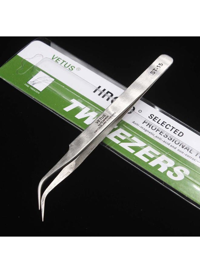 Vetus Tweezer Professional Tweezers Tool Non-magnetic Stainless Steel Curved Slant Tip Eyelash Eyebrow Tool (ST-17) - Image 2