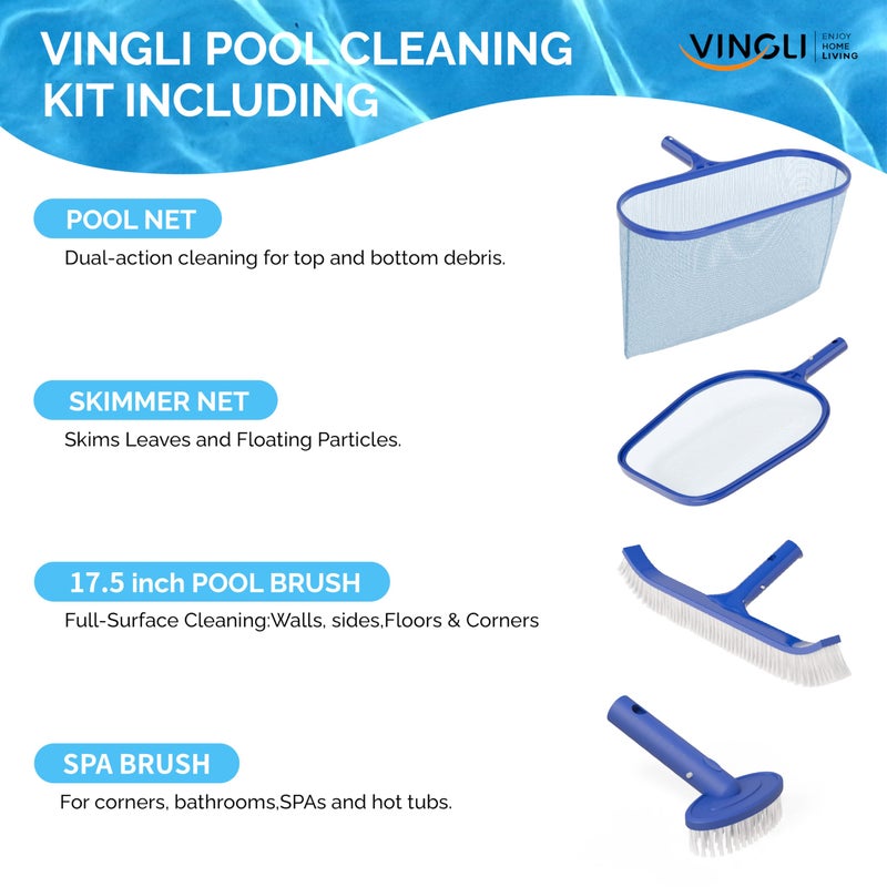 VINGLI 4-in-1 Pool Cleaning Kit, Pools Maintenance Equipment with Pool Net, Pool Brush, Skimmer Net and SPA Brush, Pool Maintenance Tools for Inground&Above Ground Swimming Pools - Image 2