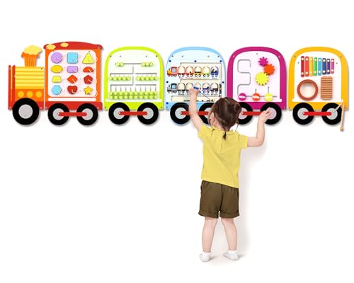 Joyreal Train Activity Wall Busy Board Panels  8in1 Toddler Learning Activity Center  Wooden Montessori Sensory Toys for Playroom Daycare Classroom  Educational Toy for AllRound Development - Image 1
