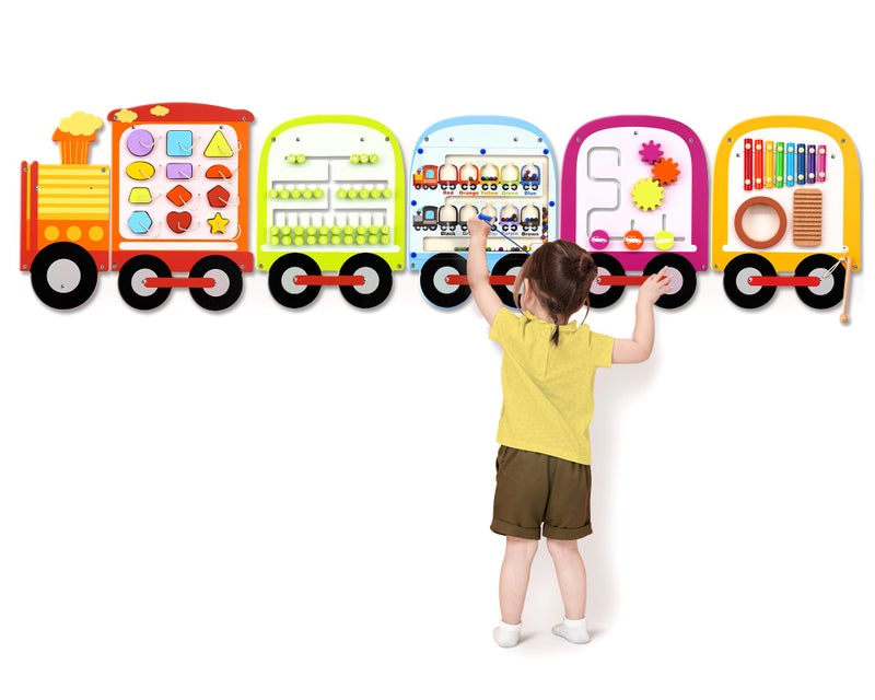 Joyreal Train Activity Wall Busy Board Panels  8in1 Toddler Learning Activity Center  Wooden Montessori Sensory Toys for Playroom Daycare Classroom  Educational Toy for AllRound Development - Image 3