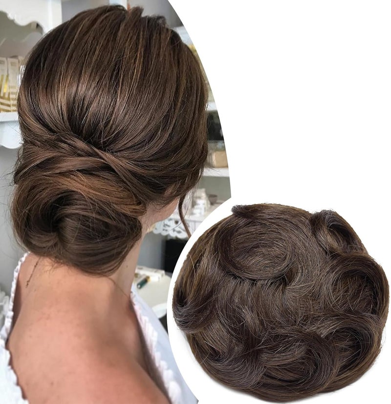 SEGO Real Messy Hair Ccrunchies for Women Human Hair Buns Updo Hairpieces 2 Dark Brown One Piece Remy Hair Extension Chignon Drawstring Ponytail Curly 30g