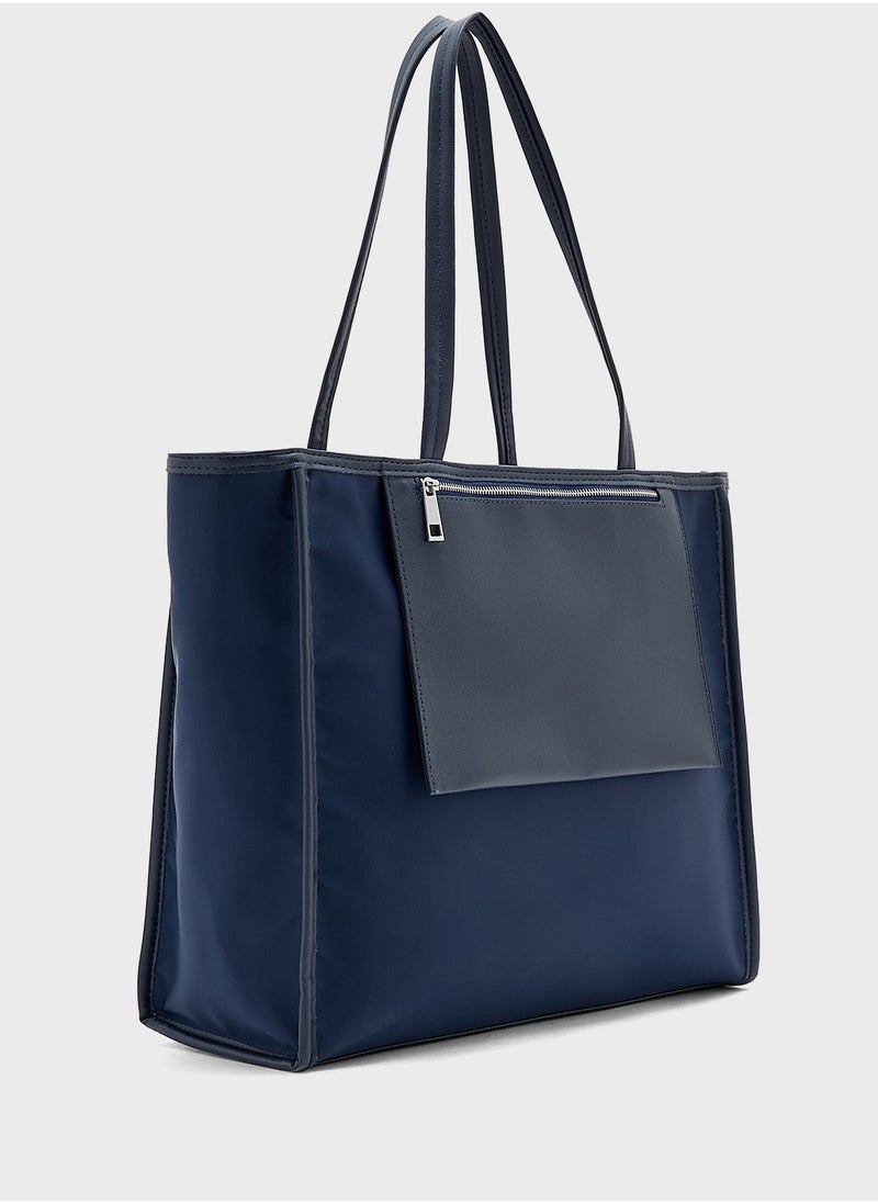 Mix Material Multipocket Tote Bag