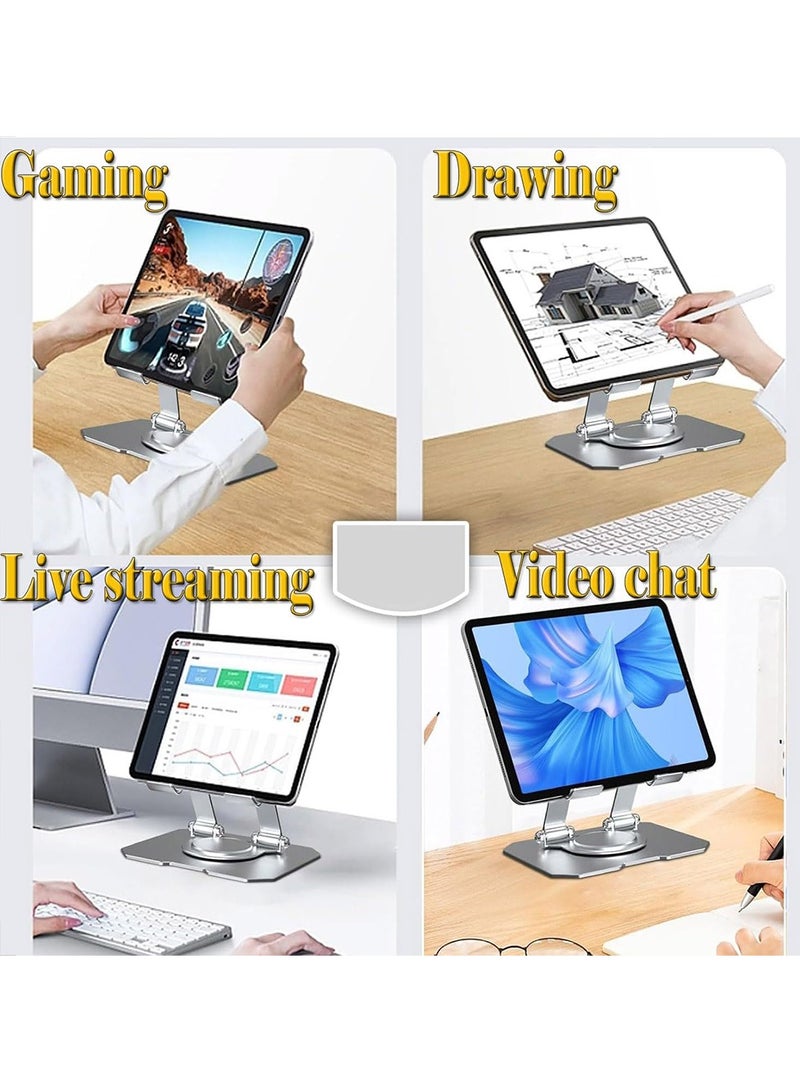 Tablet Stand Desktop , 360 Rotating Base, Metal Stand Holder, Foldable, with High Stability Strong Load Bearing , Compatible with iPad, Tablet, Mobile, E-Reader  - Silver