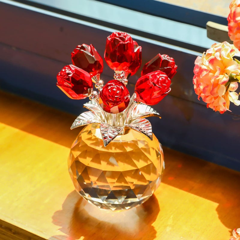 Movdyka Red Rose Flower Crystal Figurine with Vase  Bouquet Flowers Ornament Gifts for Wife Girlfriend Women   Handmade Crystal Flower Collectible Home Table Decor for Valentine's Day Wedding Anniversary - Image 4