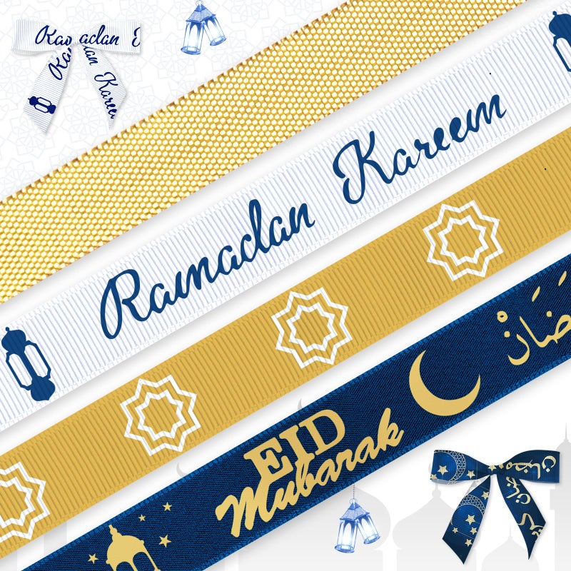 Heureppy 4 PCS Ramadan Ribbons 38 Eid Mubarak Decor Ribbons Gold Ramadan Kareem Words Moon Star Grosgrain Ribbon for Eid Ramadan Decoration Islamic Muslim Party Favor Gift Wrapping Crafts Decoration Supplies - Image 3