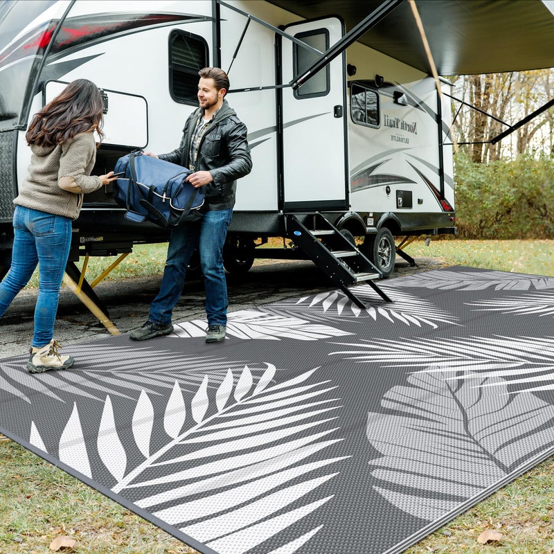 GENIMO Outdoor Rug 10 x 20 Waterproof for Patios Clearance Reversible Outdoor Plastic Straw Camping Rug Carpet Large Area Rugs Mats for RV Camper Deck Balcony Porch Beach Picnic GreyWhite
