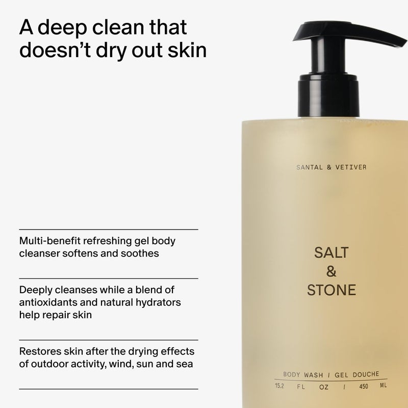 Salt & Stone Antioxidant-Rich Body Wash - Santal & Vetiver | Cleanse, Nourish & Soften Skin with Niacinamide & Hyaluronic Acid | Free From Parabens, Sulfates & Phthalates (15.2 fl oz) - Image 4