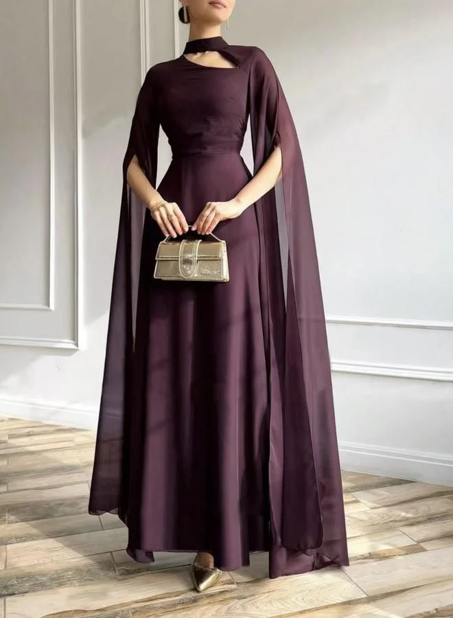 تايك تو Burgundy Plain Maxi Cape Sleeve Dress