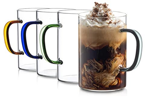 Clear Glass Coffee Mugs Set of 4 17 Oz Large Coffee Cups Ideal for Latte Cappuccino Tea Premium Glass Mug for Hot Beverages with Colored Handles Dishwasher and Microwave Safe Latte Mugs