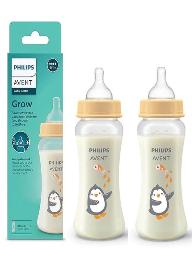 Avent Philips Avent Grow- Economy Feeding Bottles | Anti-Colic | Easy Fill,Easy Clean|BPA Free | with 6M+ Flow Teat | Made in India | SCF064/02 (330ml, Pack of 2) (Penguin with Fish) - Image 1
