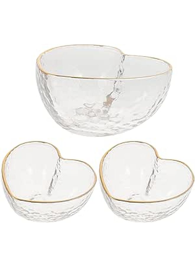 Gold Rim Heart Shaped Glass Fruit Bowls 3 Piece Set For Kitchen Serving - Image 1