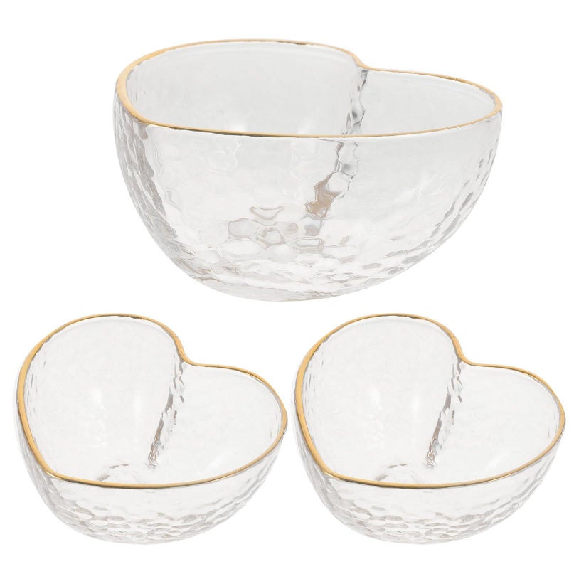 Gold Rim Heart Shaped Glass Fruit Bowls 3 Piece Set For Kitchen Serving - Image 2