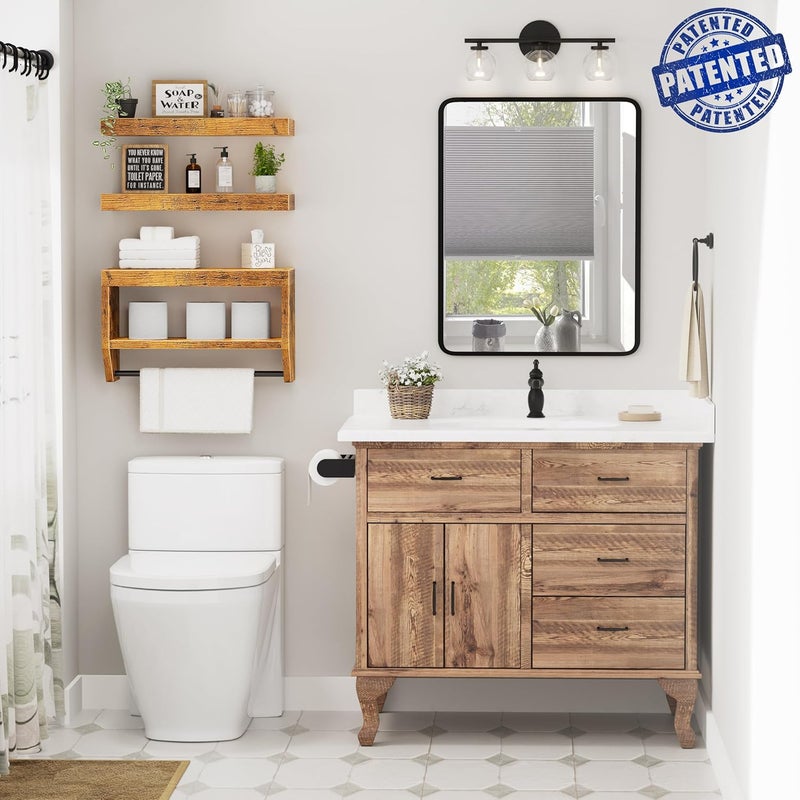 QEEIG Bathroom Floating Shelves for Wall - Shelf Over Toilet Paper Storage Farmhouse 16 inch Set of 3, Rustic Brown (028-40BN3) - Image 2