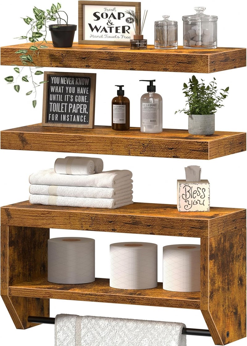 QEEIG Bathroom Floating Shelves for Wall - Shelf Over Toilet Paper Storage Farmhouse 16 inch Set of 3, Rustic Brown (028-40BN3) - Image 1
