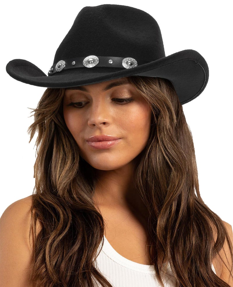 Mealah Women & Men Felt Western Cowboy Hat Classic Roll Up Brim Belt Buckle Cowgirl Fedora (M) - Image 4