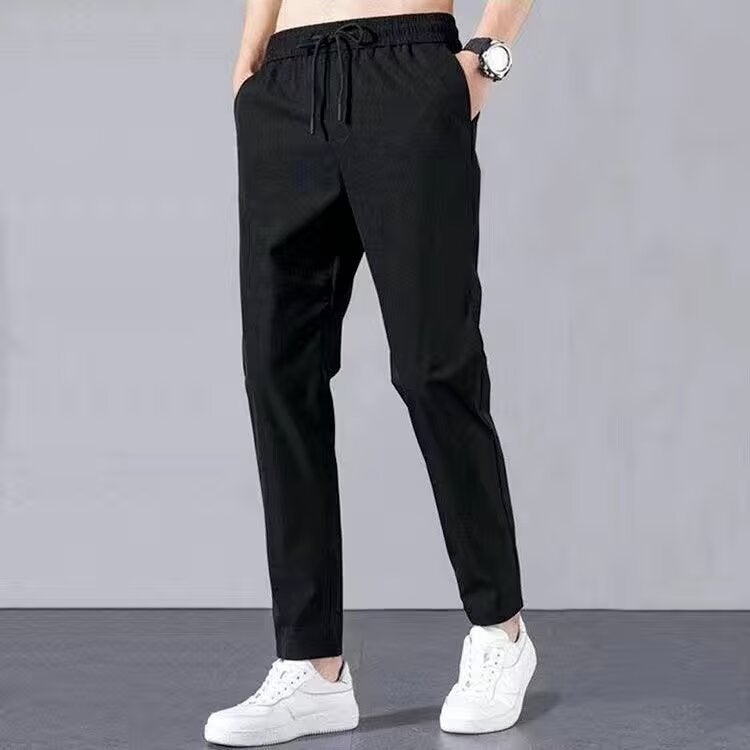 Mens Winter Cotton Trousers Thickened Lamb Velvet Fleece Lined Straight Leg Casual Pants Nine Points Long Trousers Outdoor Wear Pure black pants (ordinary thin) 