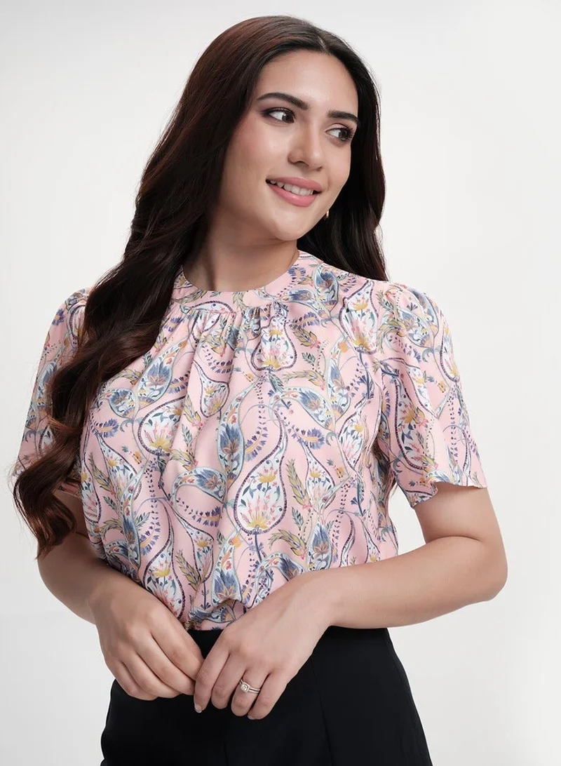 Zigzag Neck Detailed With A Band Chiffon Printed Top