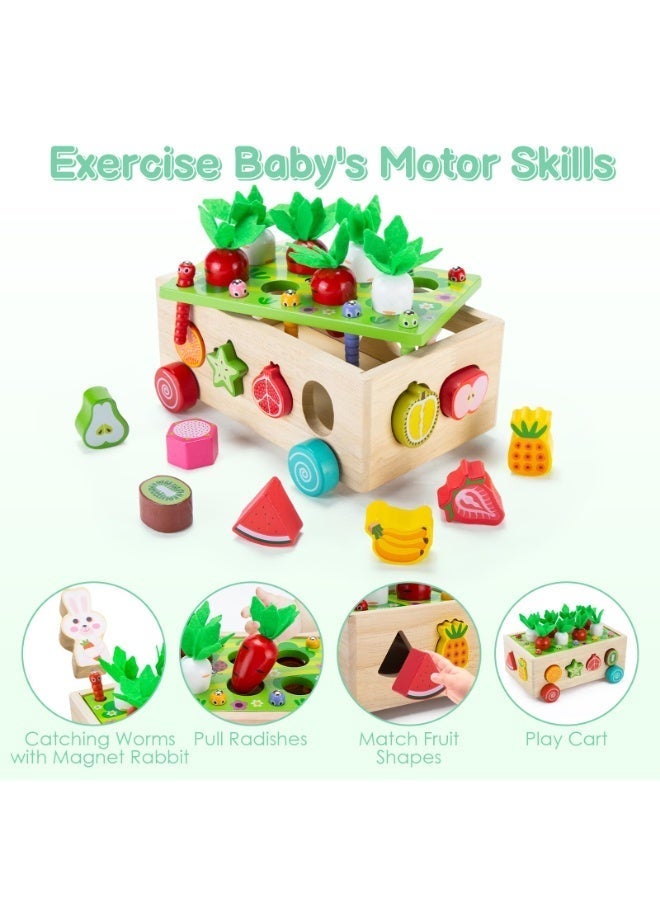 unikbebe Montessori Wooden 7-in-1 Preschool Farm Game – Shape Sorting, Fruit & Vegetable Harvest, Pull Cart, Worm Fishing, Color & Number Matching Toy – Fine Motor Skill Educational Toy for Toddlers Boys Girls - Image 5