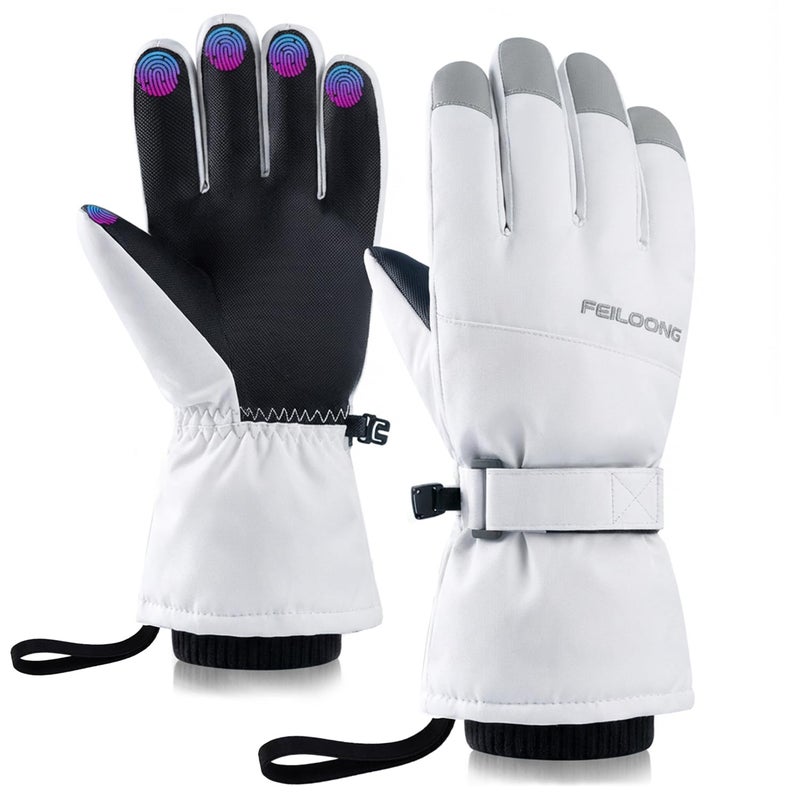 FEILOONG Winter Gloves Women, Snow Gloves Waterproof Touchscreen Windproof, Breathable Thermal Warm Gloves for Skiing Running Cycling Snowboarding, White - Image 1
