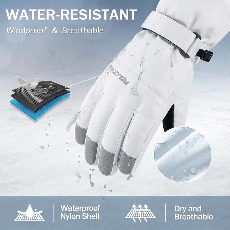 FEILOONG Winter Gloves Women, Snow Gloves Waterproof Touchscreen Windproof, Breathable Thermal Warm Gloves for Skiing Running Cycling Snowboarding, White - Image 3