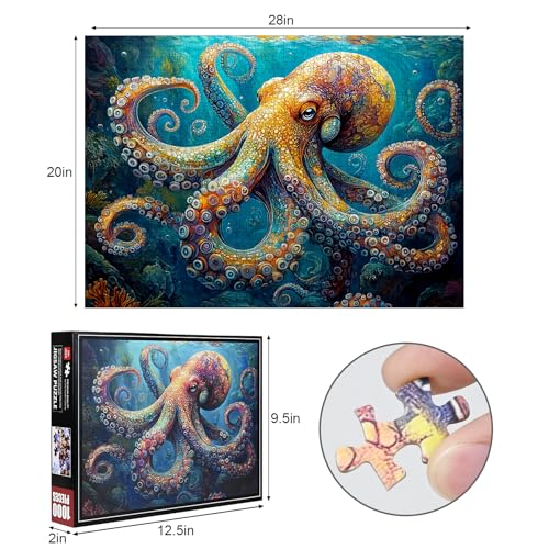 Lirches 1000 Piece Puzzle for Adults Deep Blue Octopus Jigsaw Puzzle Intricate Underwater Art Adult Challenge Includes Poster Storage Box - Image 5