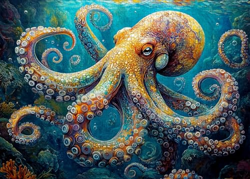 Lirches 1000 Piece Puzzle for Adults Deep Blue Octopus Jigsaw Puzzle Intricate Underwater Art Adult Challenge Includes Poster Storage Box - Image 1
