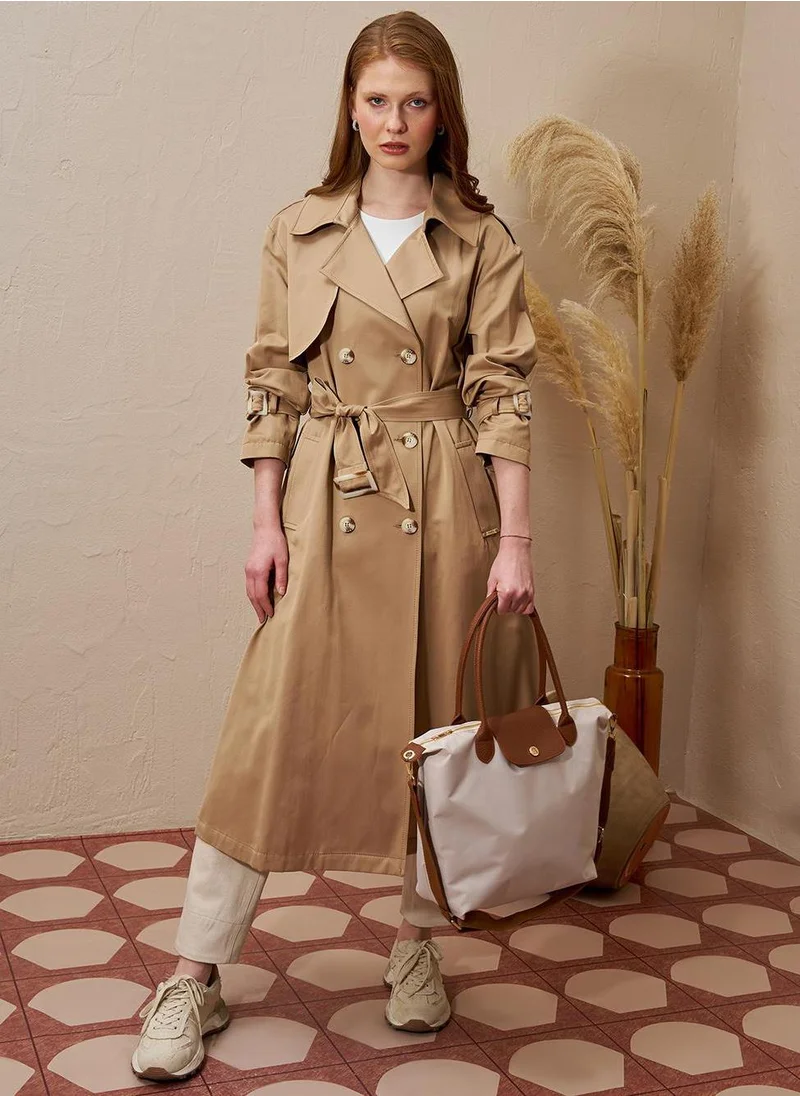 Kayra Buckle Detailed Men's Collar Trench Coat Beige