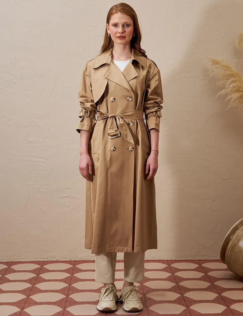 Kayra Buckle Detailed Men's Collar Trench Coat Beige