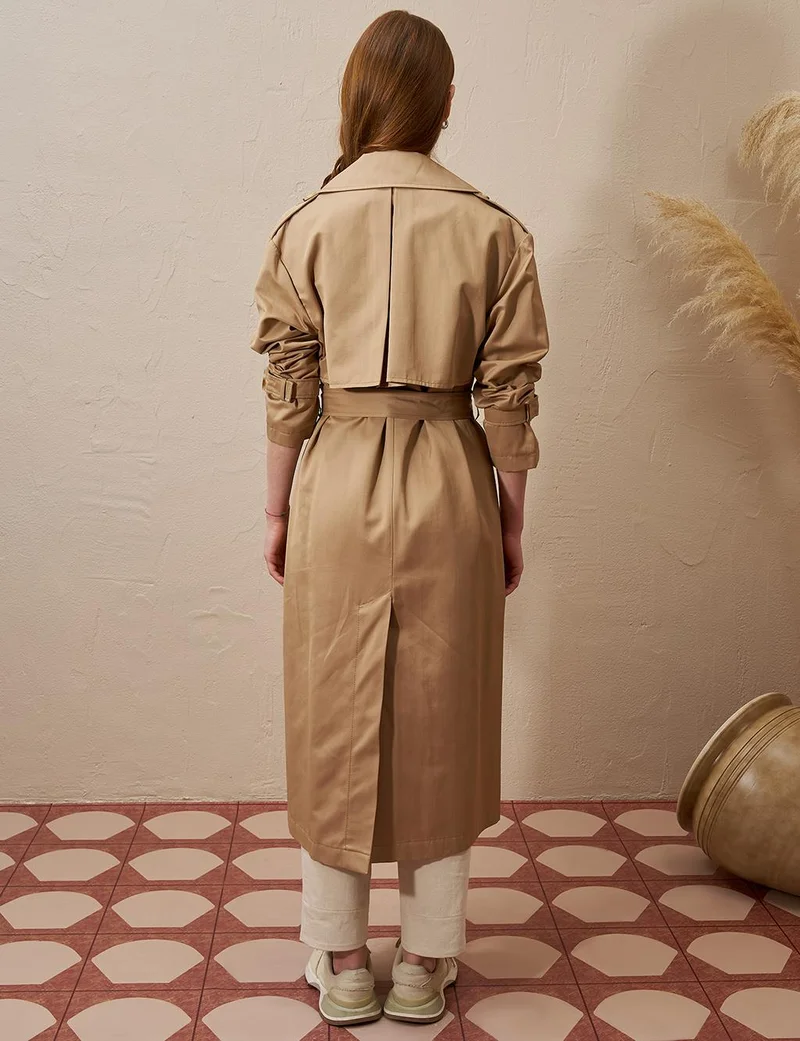 Kayra Buckle Detailed Men's Collar Trench Coat Beige