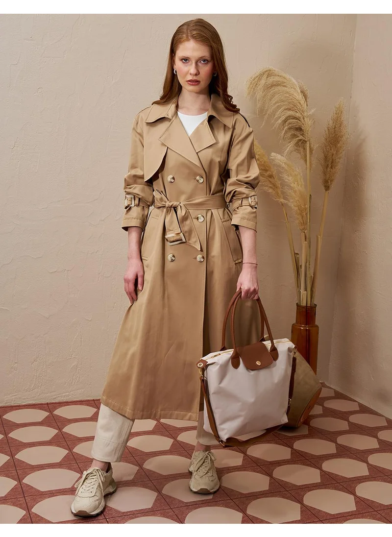 Kayra Buckle Detailed Men's Collar Trench Coat Beige