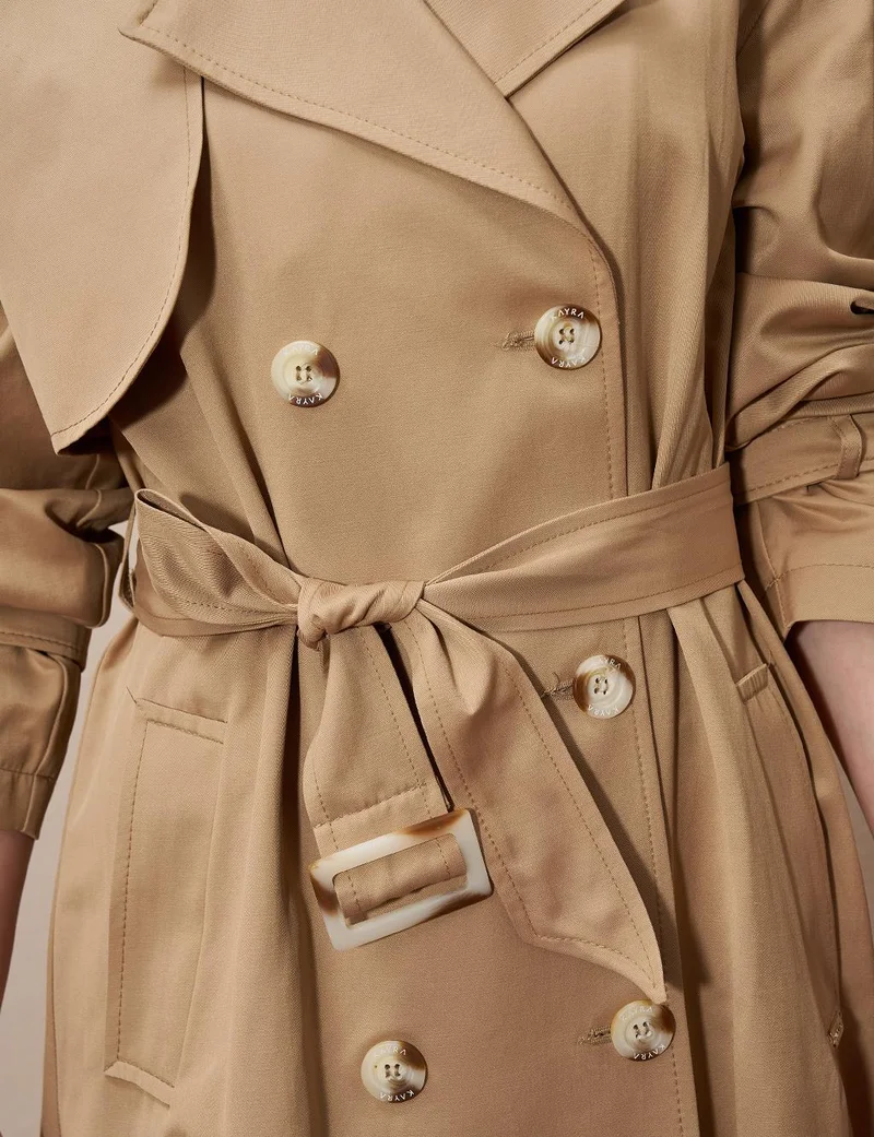 Kayra Buckle Detailed Men's Collar Trench Coat Beige