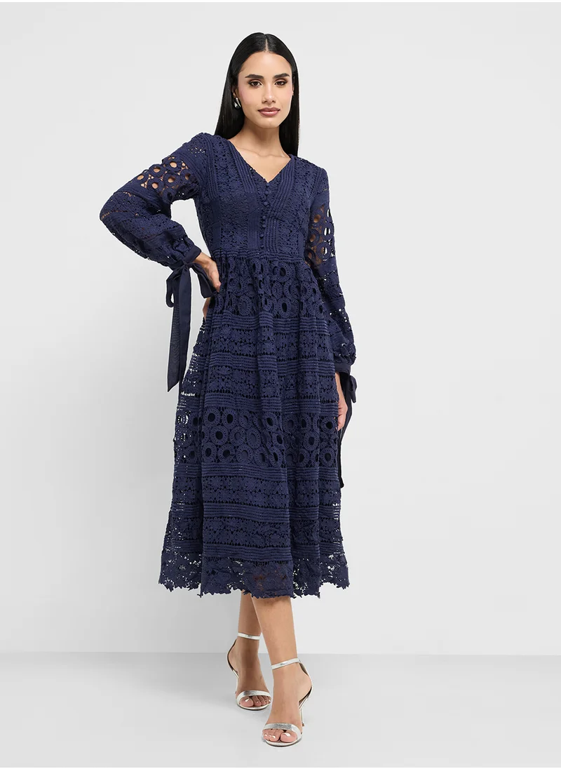 Frock and Frill Lace Detail V-Neck Midi Dress