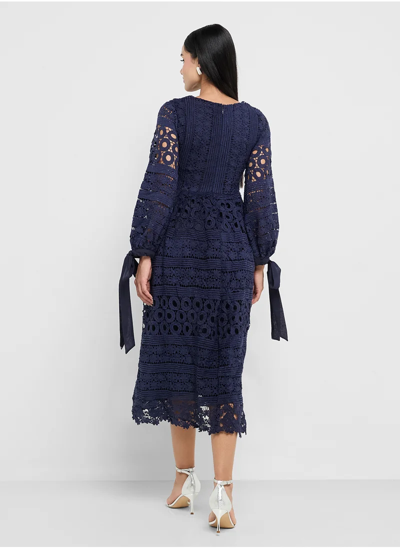 Frock and Frill Lace Detail V-Neck Midi Dress