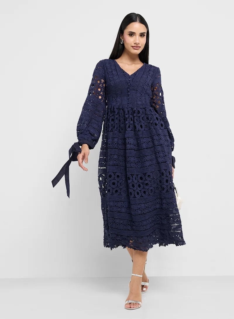 Frock and Frill Lace Detail V-Neck Midi Dress
