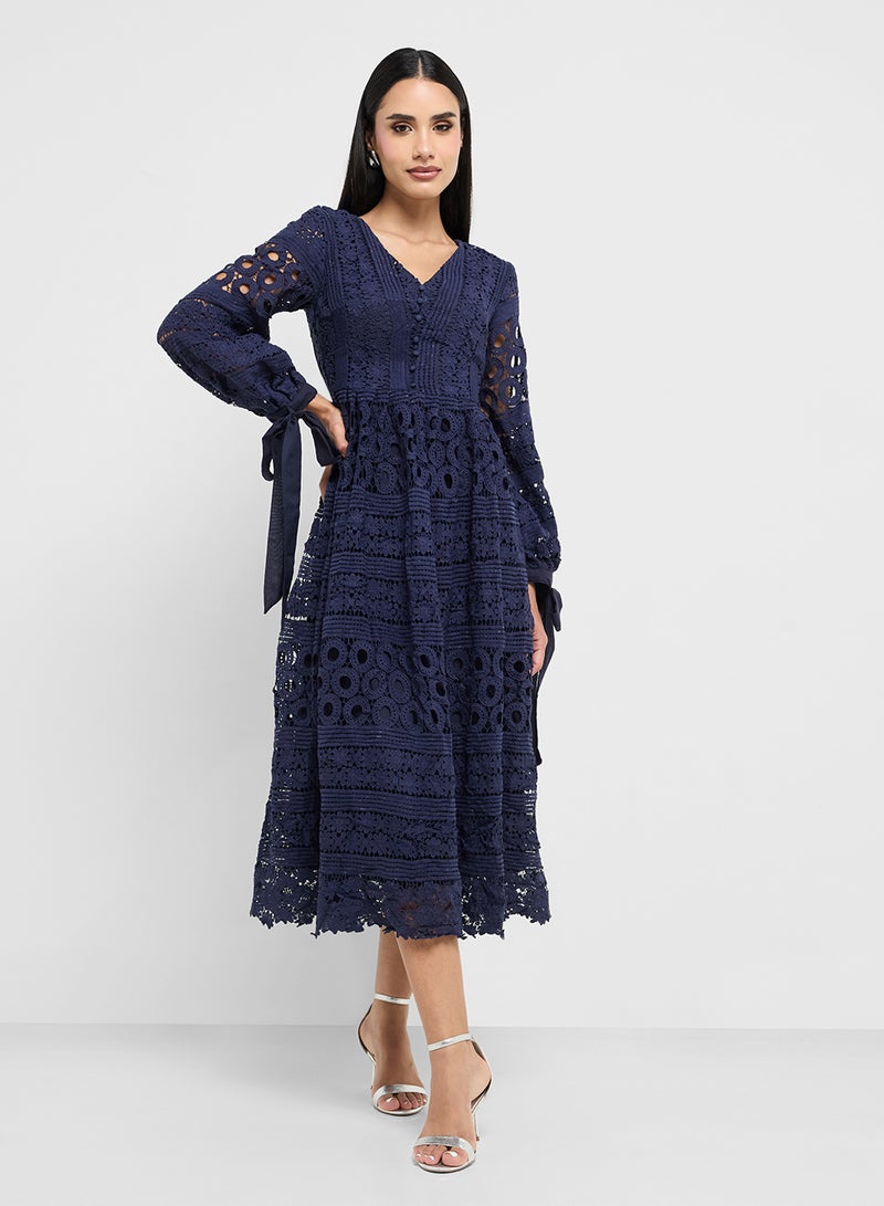 Frock and Frill Lace Detail V-Neck Midi Dress - Image 1