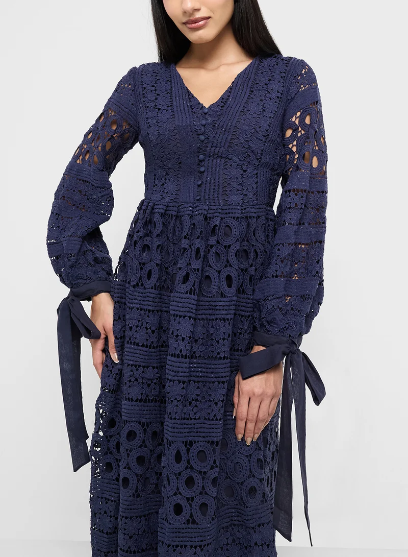 Frock and Frill Lace Detail V-Neck Midi Dress