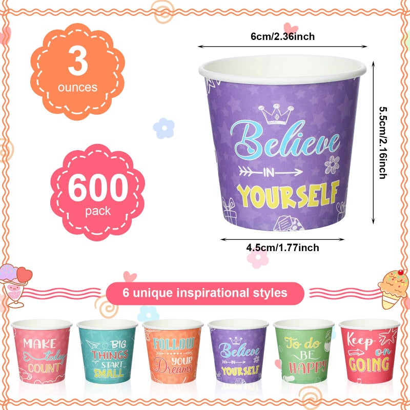 Skyley 600 Pack 3 oz Small Paper Cups Disposable Bathroom Cups Kids Mouthwash Mini Cold Beverage Drinking mugs for Party Home and Office Water Coolers(Inspirational Style) - Image 3