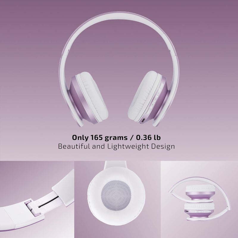 PowerLocus Wireless Bluetooth Over-Ear Stereo Foldable Headphones, Wired Headsets Rechargeable with Built-in Microphone for iPhone, Samsung, LG, iPad (Purple/White) - Image 4