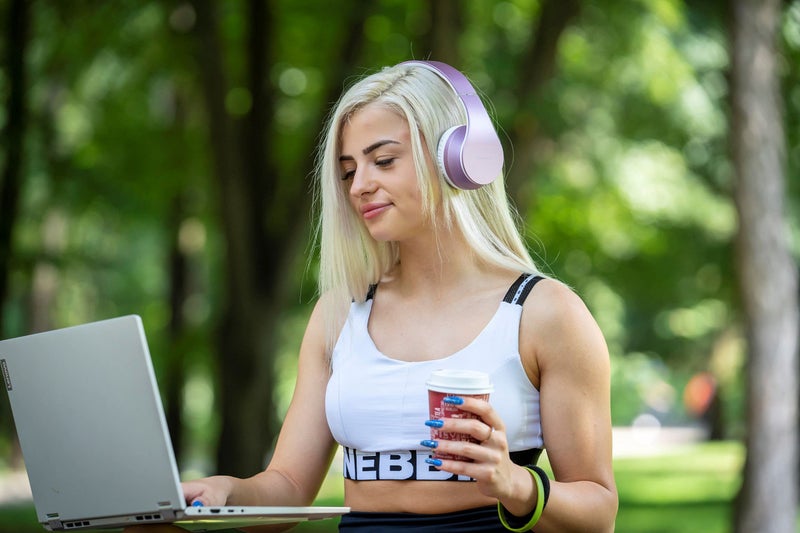 PowerLocus Wireless Bluetooth Over-Ear Stereo Foldable Headphones, Wired Headsets Rechargeable with Built-in Microphone for iPhone, Samsung, LG, iPad (Purple/White) - Image 3