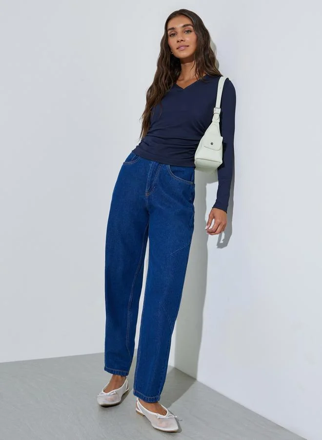 ستايلي Navy Blue Long Sleeves Collared V-Neck Knit Top